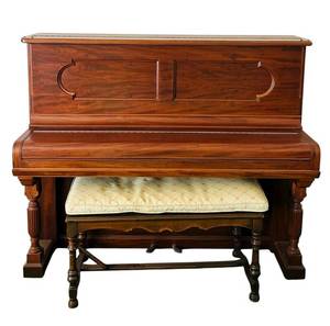 lot 445C image: LR - Antique Steinway Upright Piano with Bench and Carved Wood Detailing