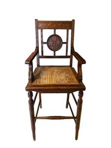lot 503C image: LR - Antique Wooden Chair with Cane Seat and Floral Carved Backrest