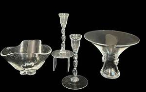 lot 511C image: LR -Vintage Stuebe Crystal Glass Bouquet Vase, Vintage Stueben Trefoil Bowl and Pair of Vintage Twisted Stem Candlesticks
