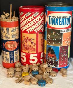 lot 528C image: DR - Lot of 3 Vintage Tinkertoy Sets with Wooden Parts and Original Canisters