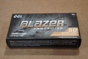 lot 177 image: 50 Blazer Brass 9mm 115 Gr FMJ Ammo