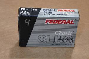 lot 295 image: 4 Federal Classic 20 Gauge 2-34 Rifled HP Slugs