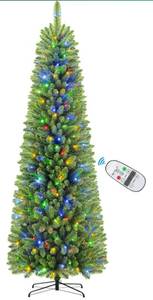 lot 225 image: 6ft Premium Pre Lit Artificial Slim Pencil Christmas Tree with Remote $99.99 Retail - Brand New