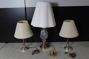 lot 19 image: Set of 3 Table Lamps with Shades - Brass, Glass, and Wood Accents