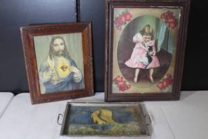 lot 23 image: Vintage Framed Prints and Peacock Serving Tray Collection
