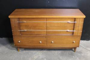 lot A-49 image: Mid-Century Modern Wooden Dresser with Brass Accents