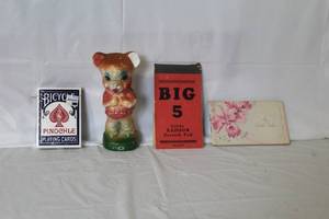 lot 331 image: Vintage Collection Bicycle Pinochle Cards, Chalkware Bear, Big 5 Scratch Pad, Petite Booklet