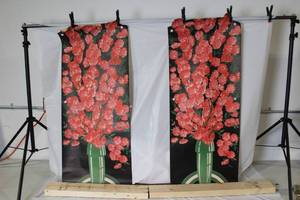 lot 333 image: Pair of Vintage Floral Art Posters with Pink Blossoms and Green Vase 37x23 in