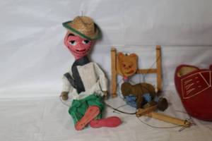 lot 367 image: Red Dutch Wooden Clogs Pair with Vintage Marionette Puppets