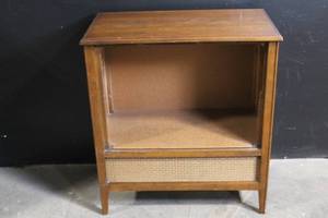 lot 50 image: Vintage Wood Console Cabinet with Woven Front Panel