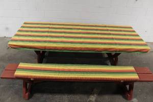 lot 58 image: Rectangular Wooden Picnic Table with Benches and Striped Cushions