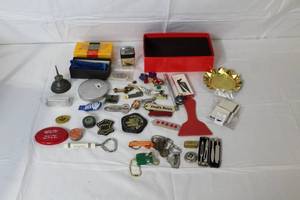 lot 381 image: Vintage Collectibles and Small Hardware Lot with Pins, Badges, Tools, and Trinkets
