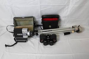 lot 386 image: Vintage Sankyo Super CM 400 Movie Camera, Vixen Binoculars, and Vistar Tripod Set