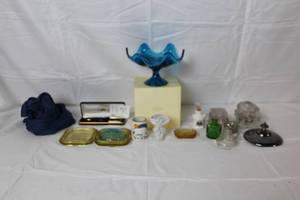 lot 388 image: Eclectic Vintage Decor and Collectibles Lot with Blue Glass Bowl, Pen Set, and Trinket Jars