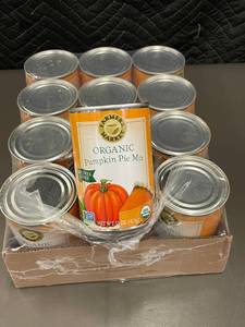 lot 58 image: RI 3 - Case of 12 Farmers Market Organic Pumpkin Pie Mix 15 oz Cans