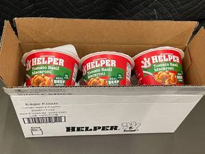 lot 129 image: WA 3 - Helper Tomato Basil Macaroni 2 oz Cups, Case of 6 - Best By 102025