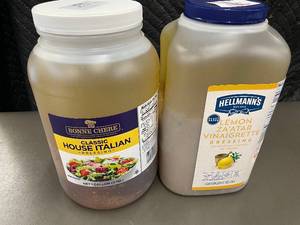 lot 225 image: BP - Bulk Salad Dressing Lot - 2 Gallons (Bonne Chere Italian & Hellmanns Lemon Zaatar)