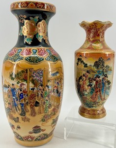 lot 210 image: Pair of Satsuma Style Hand-Painted Decorative Vases with Floral and Geisha Scenes