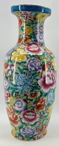 lot 217 image: Large Floral Porcelain Vase with Multicolor Chrysanthemum Design