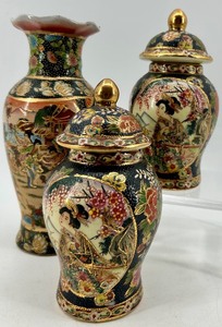 lot 228 image: Set of 3 Satsuma Style Japanese Vases and Ginger Jars with Gilt Detail