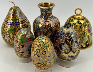 lot 237 image: Set of 6 - Cloisonne Enameled Decorative Eggs, Vase, and Pear-Shaped Box