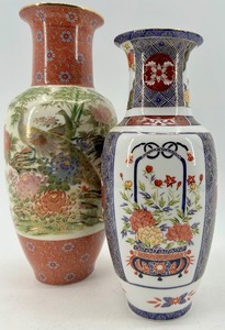 lot 249 image: Pair of Decorative Asian Porcelain Vases with Floral and Peacock Designs including Toyo