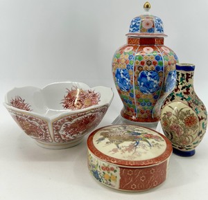 lot 250 image: Collection of Decorative Asian Porcelain Vases, Bowl, and Lidded Ginger Jar