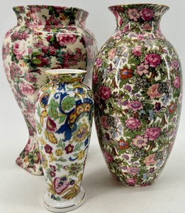 lot 251 image: Set of 3 English Chintz Floral Porcelain Vases - Crown Ducal, Crown Burslem & More