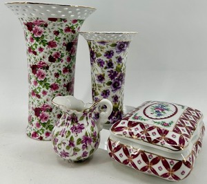 lot 254 image: Floral Porcelain Collection with 2 Vases, Trinket Box, and Mini Pitcher