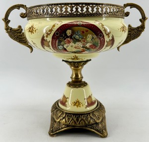 lot 260 image: Ornate Vintage Porcelain and Metal Compote with Floral Motif