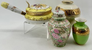 lot 261 image: Set of 4 Assorted Vintage Porcelain Vases and Trinket Box with Floral and Gold Accents