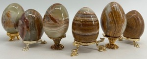lot 266 image: Set of 6 Polished Onyx Stone Eggs with Decorative Stands