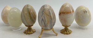 lot 267 image: Set of 6 Polished Stone Decorative Eggs with 3 Display Stands