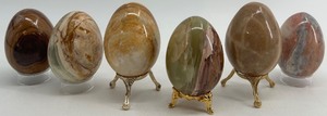 lot 271 image: Set of 6 Polished Onyx Stone Eggs with 3 Display Stands