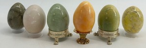 lot 272 image: Set of 6 Decorative Stone Eggs with 3 Ornate Metal Stands