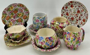 lot 276 image: Collection of Vintage Chintz China Plates, Cups and Creamer - English and Japanese Makers