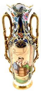 lot 2 image: Hand-Painted Bayeux Factory France Porcelain Vase with Gilded Handles and Floral Motifs