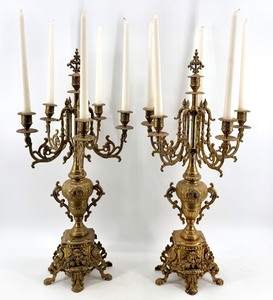 lot 3 image: Pair Of Ornate Brass Candelabras Rococo Style with Candles
