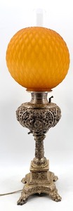 lot 6 image: Antique Brass Table Lamp & Orange Honeycomb Glass Shade #1