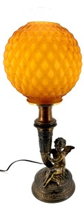 lot 8 image: Antique Bronze Cherub Table Lamp with Orange Honeycomb Glass Shade