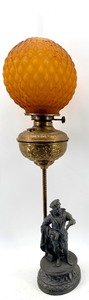 lot 9 image: Antique Orange Honeycomb Glass Globe Table Lamp with Cast Figurine Base