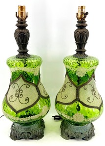 lot 14 image: Mid Century Pair Of Green Glass Urn Table Lamps with Ornate Bases