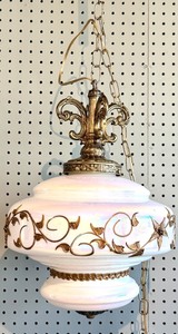 lot 17 image: Ornate Vintage Pendant Swag Lamp with Iridescent Glass Shade