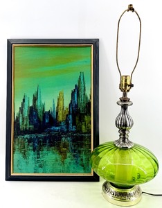 lot 23 image: Turner Harbor Views I Wall Accessory Painting & Vintage Green Glass Lamp