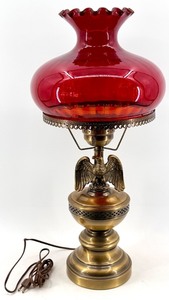 lot 24 image: Brass Table Lamp with Red Glass Shade with Eagle Motif