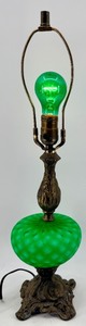 lot 25 image: Antique Quilted Diamond Cased Green Glass Table Lamp with Brass Base