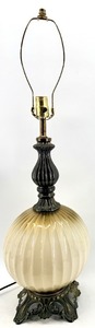 lot 30 image: Vintage Ribbed Glass Globe Table Lamp with Ornate Cast Metal Base