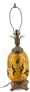 lot 31 image: Mid Century Amber Glass Lamp with Ornate Leaf Base