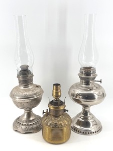 lot 32 image: Antique Oil Lamps Lot 2 Silver Lamps & 1 Brass Rayo Lamp