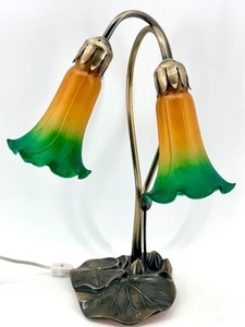 lot 34 image: Tiffany-Style Glass Flower Lamp with Gradient Amber to Green Shades with Leaf Base